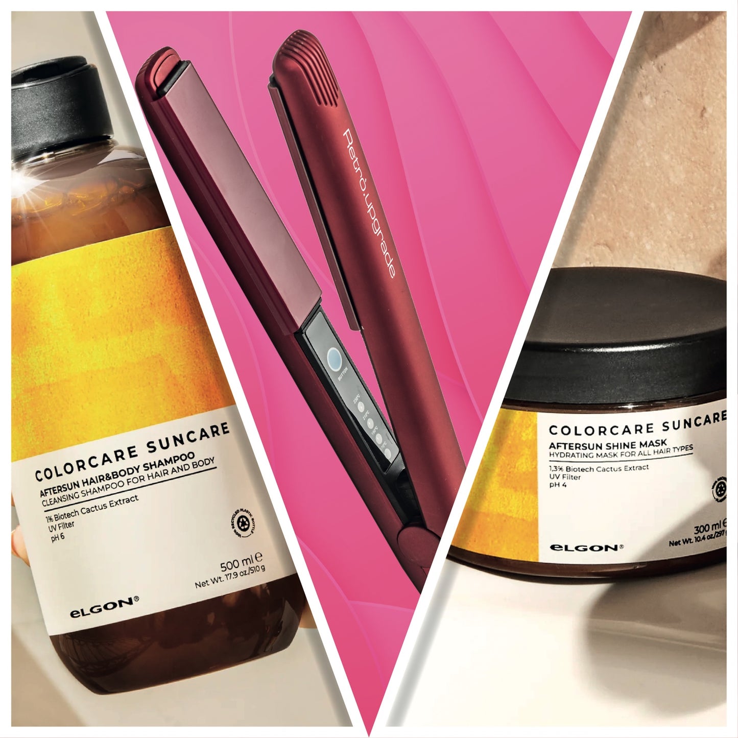 Kit estivo composto da shampoo e maschera colorcare in aggiunta ad una mini-piastra portatile.