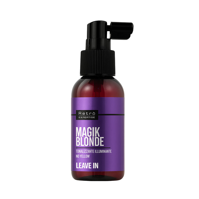 Bottiglia ambra da 100ml con pompa spray ed etichetta metallizzata viola con scritte in bianco.