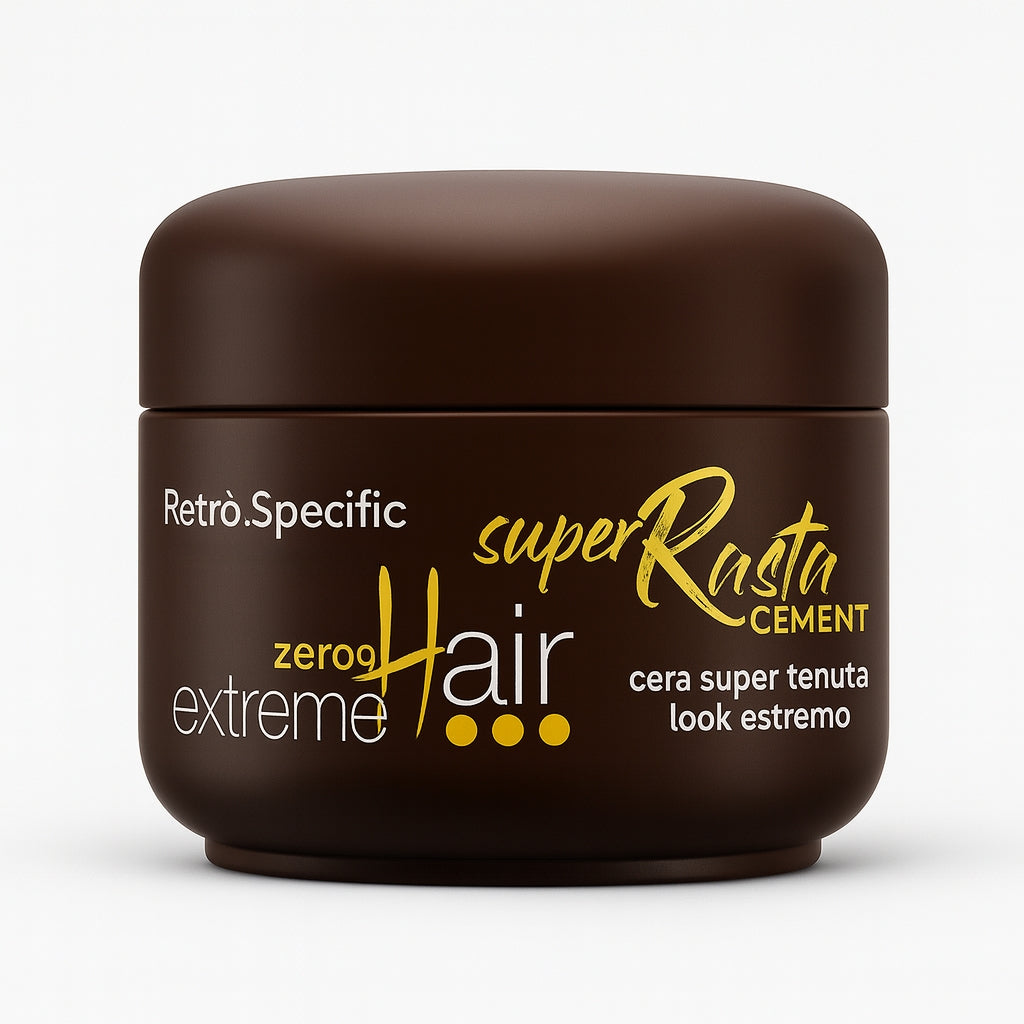 Vasetto di cera color marrone serigrafato con scritte bianche e oro.