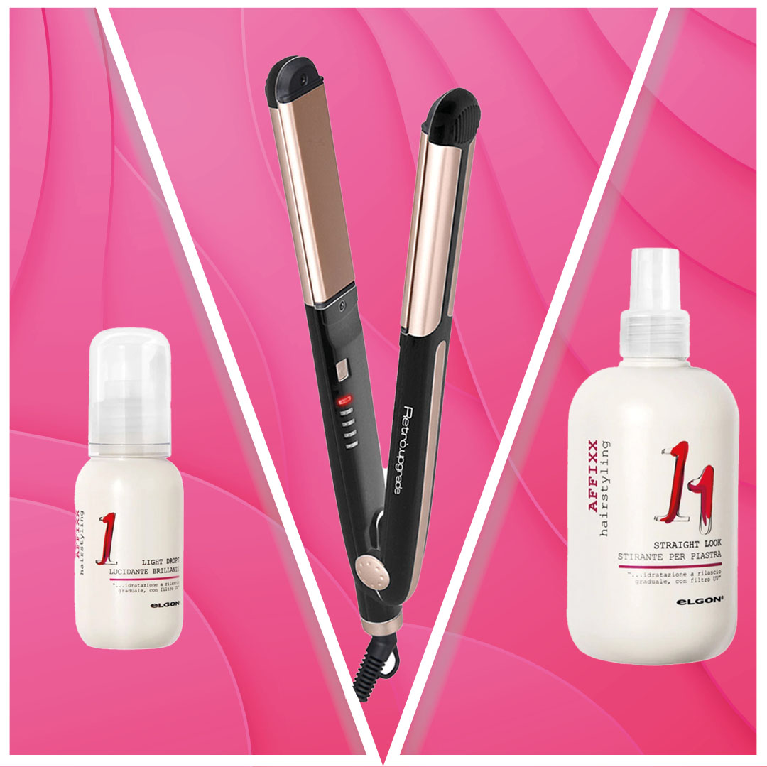 In evidenza siero  e termoprotettore della linea Elgon Affixx abbinati alla piastra Retrò.Upgrade 602C.