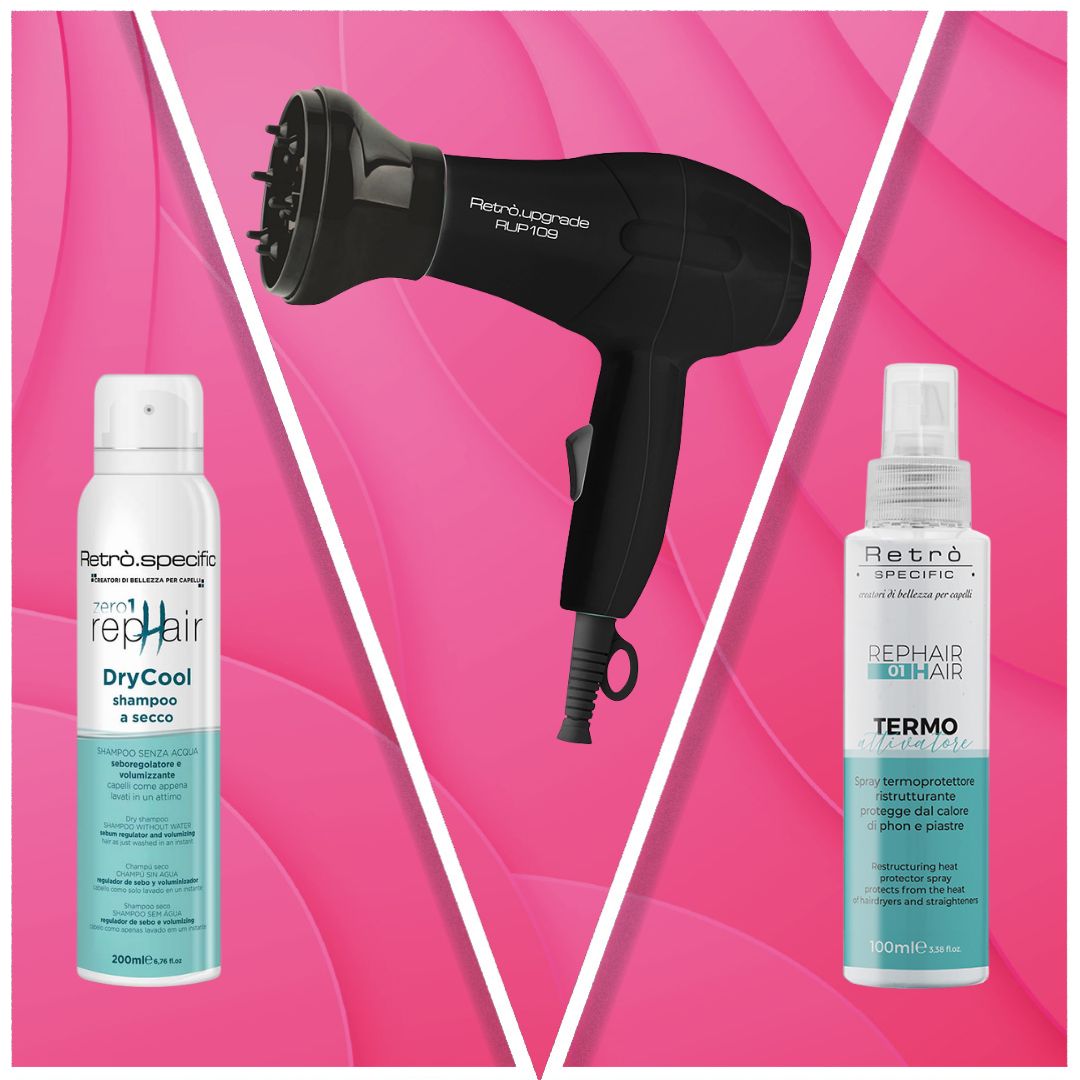 Shampoo a secco e termoprotettore della linea Rephair abbinati al mini phon  portatile Rup-109.