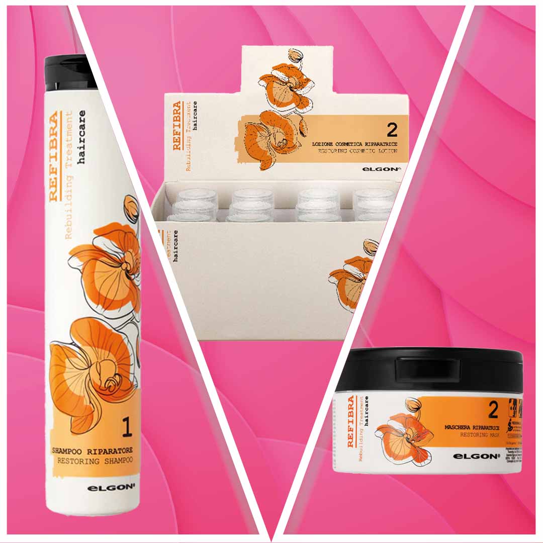 Shampoo, balsamo e lozione riparatrice della linea Elgon Refibra.