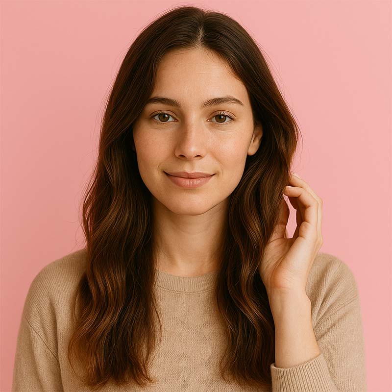 Ragazza che si tocca i capelli su sfondo rosa