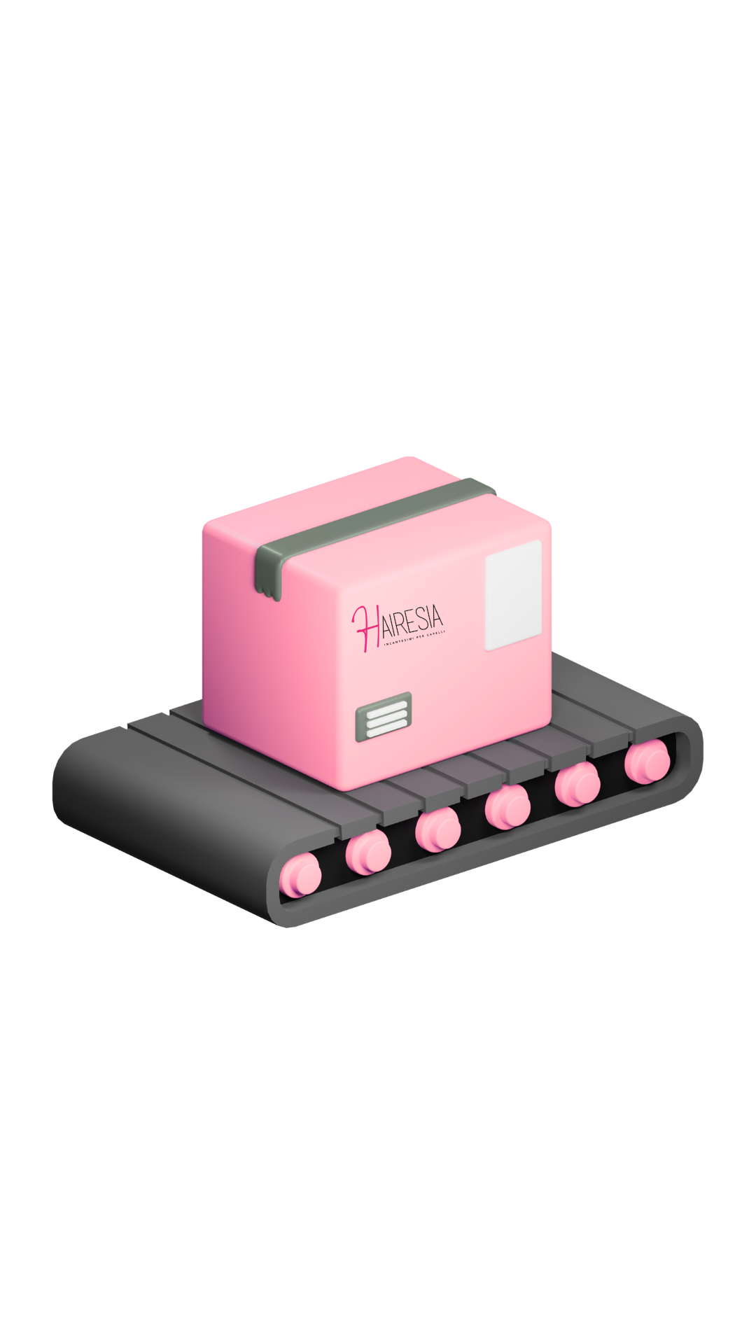 Pacco rosa con scritta Hairesia su rullo trasportatore