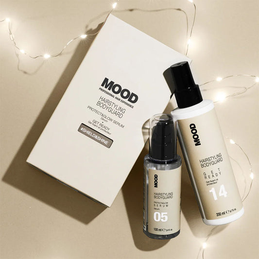 Confezione di due prodotti con lucine bianche sullo sfondo e due prodotti sulla parte destra della foto