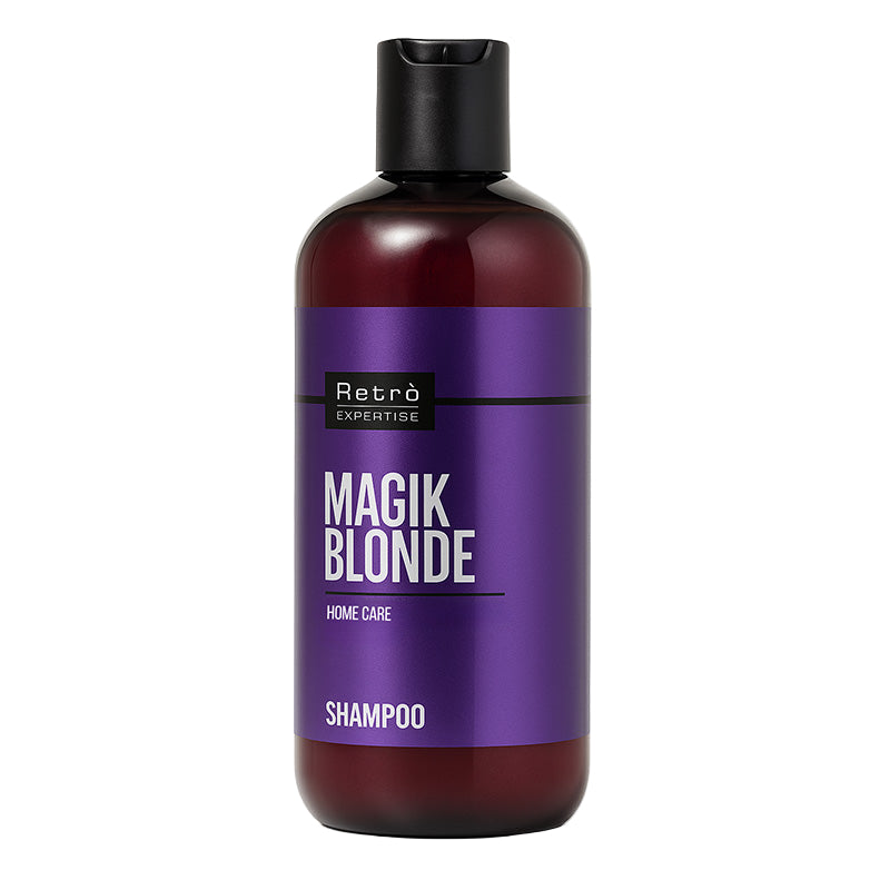 Bottiglia ambra con tappo disk top nero ed etichetta metallizzata viola con scritte bianche.