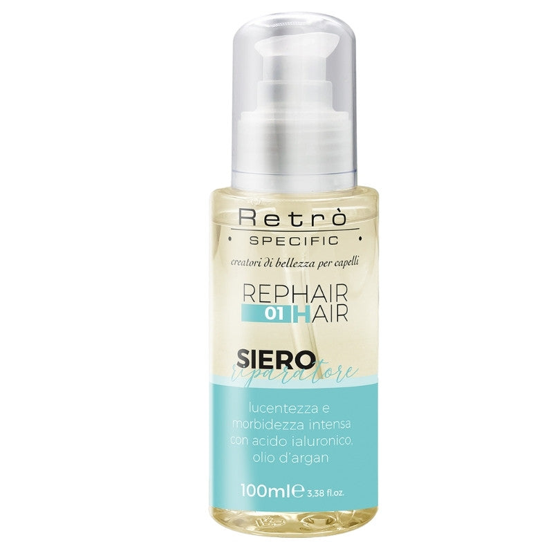 Siero riparatore per capelli spenti, dona lucentezza e idratazione al capello. Flacone trasparente con rilievo in azzurro.