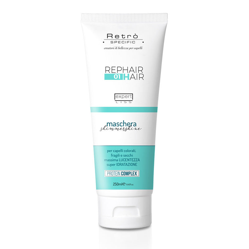Tubo di maschera per capelli bianco e azzurro da 250ml con tappo bianco