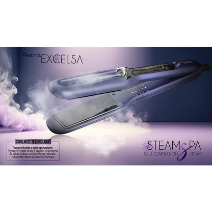 Piastra per capelli di colore  blu con un foro superiore al centro della piastra superiore da cui fuoriesce del vapore, su sfondo viola-blu.