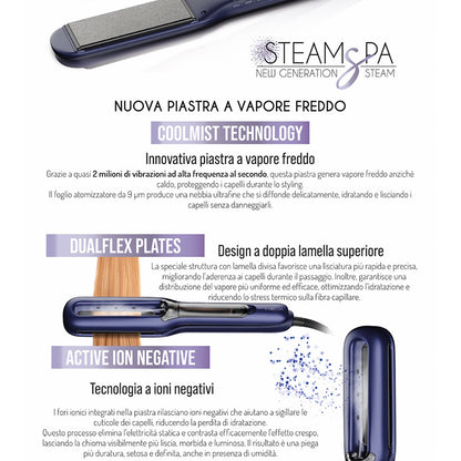 Piastra per capelli di colore  blu con un foro superiore al centro della piastra superiore da cui fuoriesce del vapore, con descrizione sul funzionamento su sfondo bianco.