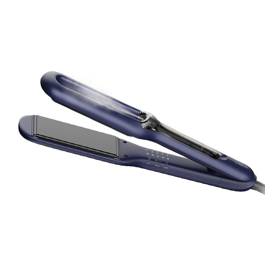 Piastra per capelli di colore  blu con un foro superiore al centro della piastra superiore da cui fuoriesce del vapore.