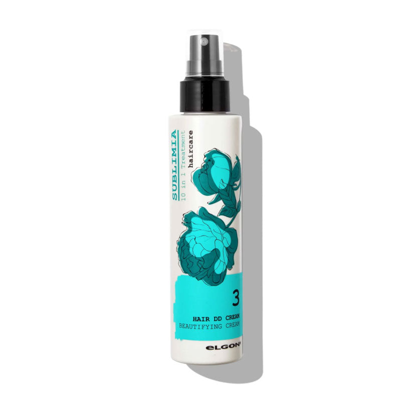 Leave in spray 10 in 1 in flacone bianco e azzurro a tema floreale.